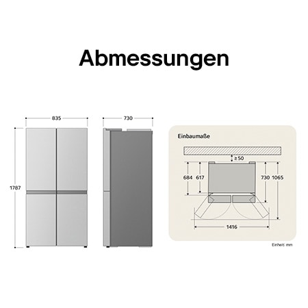 LG Multi-Door Kühlschrank GMG761EPAE zeigt die genauen Einbaumaße und Produktabmessungen, darunter eine Höhe von 1787 mm, Breite von 835 mm und Tiefe von 730 mm.