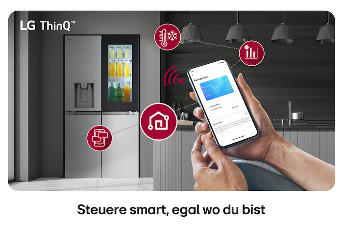 LG Multi-Door Kühlschrank GMG960MBEE in Edelstahl-Optik, mit dem LG ThinQ™ System, wobei die Einstellungen über eine Smartphone-App ferngesteuert werden.
