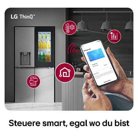 LG Multi-Door Kühlschrank GMG960MBEE in Edelstahl-Optik, mit dem LG ThinQ™ System, wobei die Einstellungen über eine Smartphone-App ferngesteuert werden.
