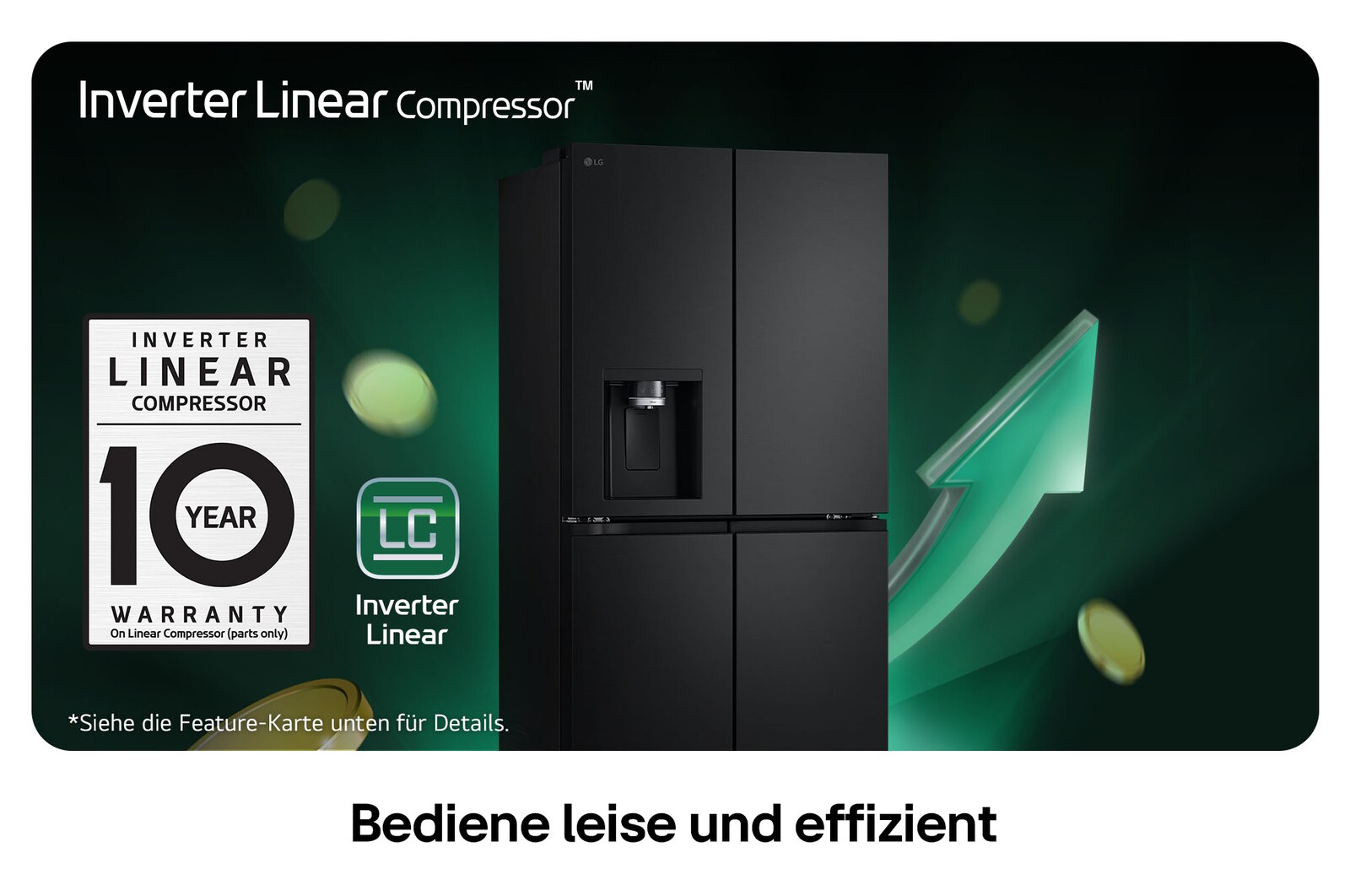 LG Multi-Door Kühlschrank GML861EPPE in mattem Schwarz, beworben mit dem Inverter Linear Compressor™ und einer 10-jährigen Garantie für leisen Betrieb und hohe Energieeffizienz.