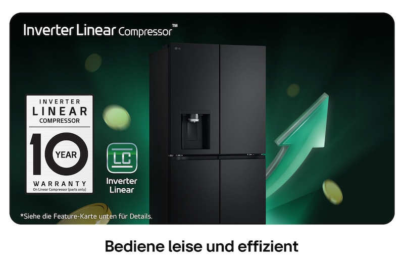 LG Multi-Door Kühlschrank GML861EPPE in mattem Schwarz, beworben mit dem Inverter Linear Compressor™ und einer 10-jährigen Garantie für leisen Betrieb und hohe Energieeffizienz.