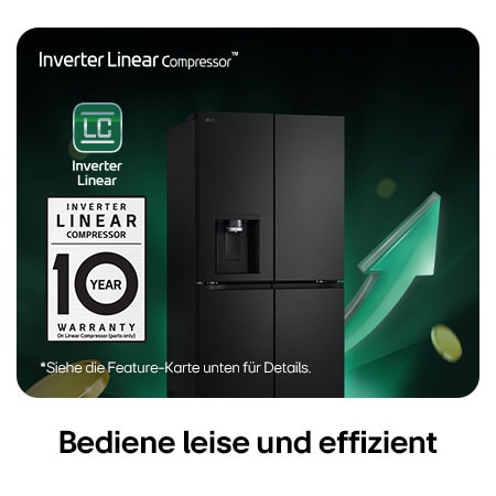 LG Multi-Door Kühlschrank GML861EPPE in mattem Schwarz, beworben mit dem Inverter Linear Compressor™ und einer 10-jährigen Garantie für leisen Betrieb und hohe Energieeffizienz.