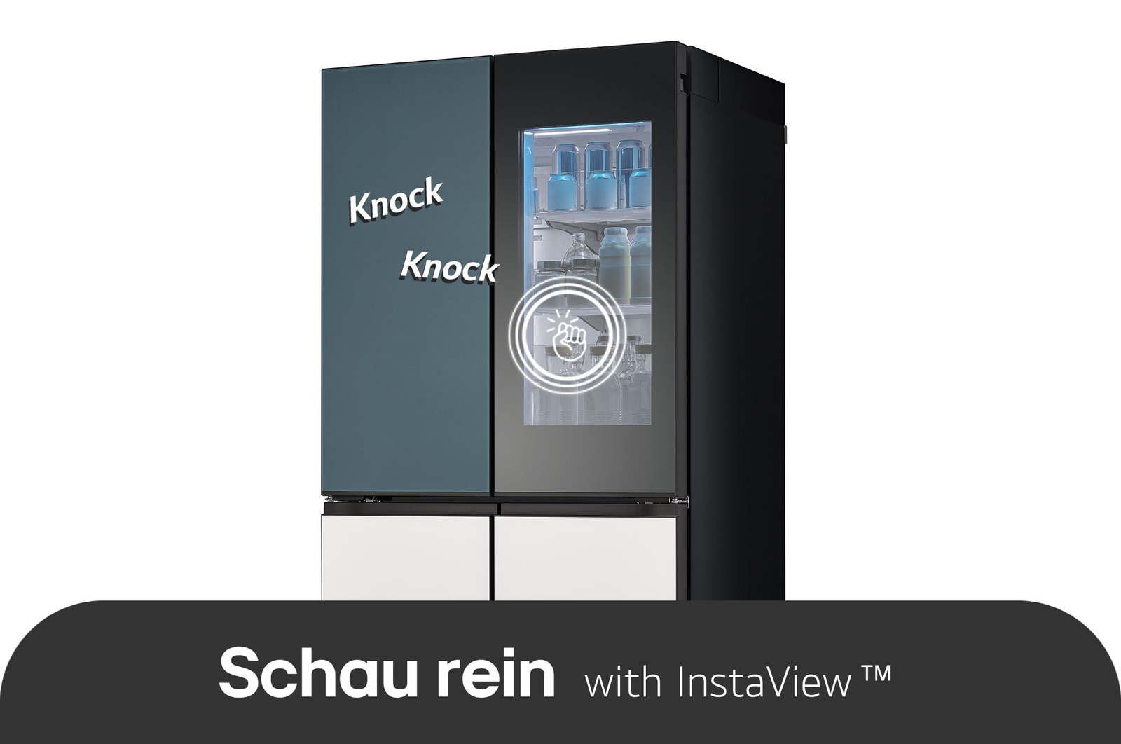 LG MoodUP™ Kühlschrank GMV960NNME in Dunkelgrau und Grün, nutzt die InstaView™ Door-in-Door® Funktion und die Doppel-Tipp-Geste, um den Innenraum und das Licht zu beleuchten.