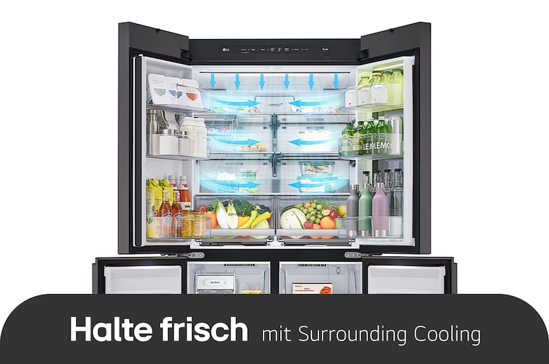 Geöffneter LG MoodUP™ Kühlschrank GMV960NNME in Schwarz, mit Pfeilen, die das gleichmäßige und schnelle Kühlen durch die Surrounding Cooling-Technologie demonstrieren.