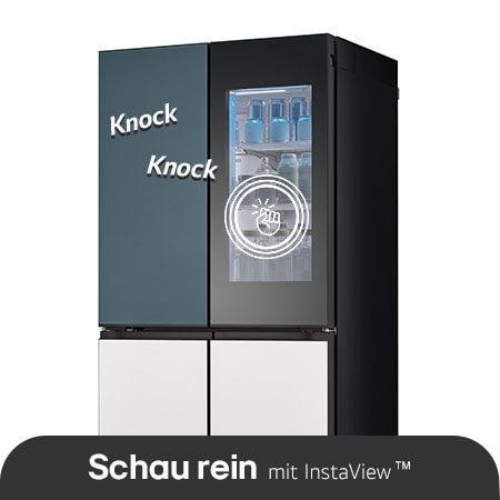 LG MoodUP™ Kühlschrank GMV960NNME in Dunkelgrau und Grün, nutzt die InstaView™ Door-in-Door® Funktion und die Doppel-Tipp-Geste, um den Innenraum und das Licht zu beleuchten.