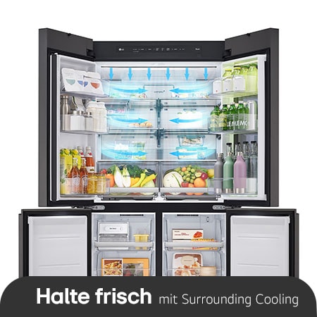 Geöffneter LG MoodUP™ Kühlschrank GMV960NNME in Schwarz, mit Pfeilen, die das gleichmäßige und schnelle Kühlen durch die Surrounding Cooling-Technologie demonstrieren.