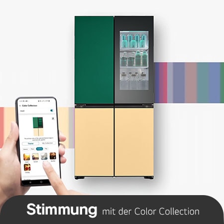 LG MoodUP™ Kühlschrank GMV960NNME mit grünen und gelben Panels, wobei eine Hand die Farbanpassung über die LG ThinQ™ App auf einem Smartphone steuert.
