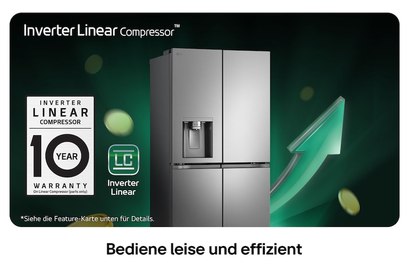 LG Multi-Door Kühlschrank GML861PYPE in silberner Optik, beworben mit dem Inverter Linear Compressor™ und einer 10-jährigen Garantie für leisen Betrieb und Energieeffizienz.