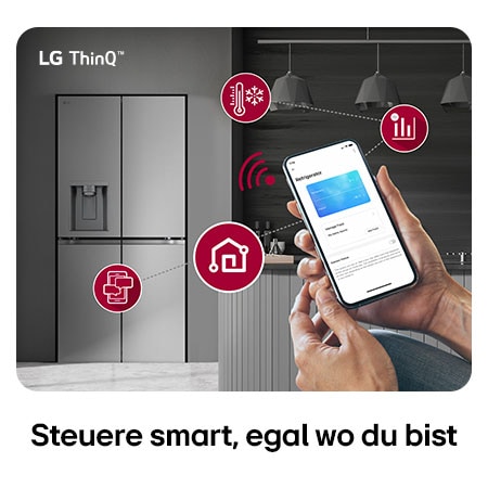 LG Multi-Door Kühlschrank GML861PYPE in silberner Optik, mit dem LG ThinQ™ System, wobei die Temperatureinstellungen über eine Smartphone-App ferngesteuert werden.