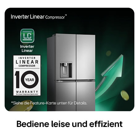 LG Multi-Door Kühlschrank GML861PYPE in silberner Optik, beworben mit dem Inverter Linear Compressor™ und einer 10-jährigen Garantie für leisen Betrieb und Energieeffizienz.
