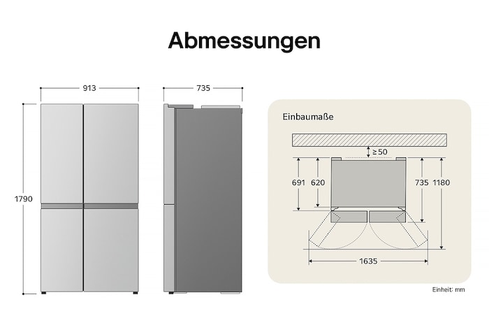 LG Side-by-Side Kühlschrank GSXB90EVDD zeigt die genauen Einbaumaße und Produktabmessungen, darunter eine Höhe von 1790 mm, Breite von 913 mm und Tiefe von 735 mm.