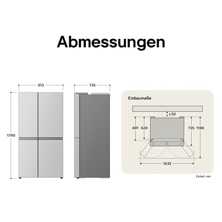 LG Side-by-Side Kühlschrank GSLE91MBAC zeigt die genauen Einbaumaße und Produktabmessungen, darunter eine Höhe von 1790 mm, Breite von 913 mm und Tiefe von 735 mm.