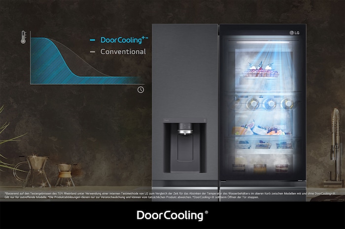 LG Side-by-Side GSXV90MCAE zeigt **DoorCooling+®**-Funktion: Grafik und visualisierte Kühlung belegen schnellere und gleichmäßigere Kühlung, besonders im Türbereich.