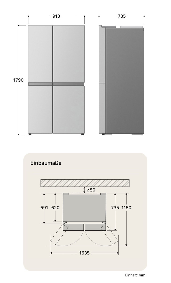 LG Side-by-Side Kühlschrank GSXV91MCAE zeigt die genauen Einbaumaße und Produktabmessungen, darunter eine Höhe von 1790 mm, Breite von 913 mm und Tiefe von 735 mm.