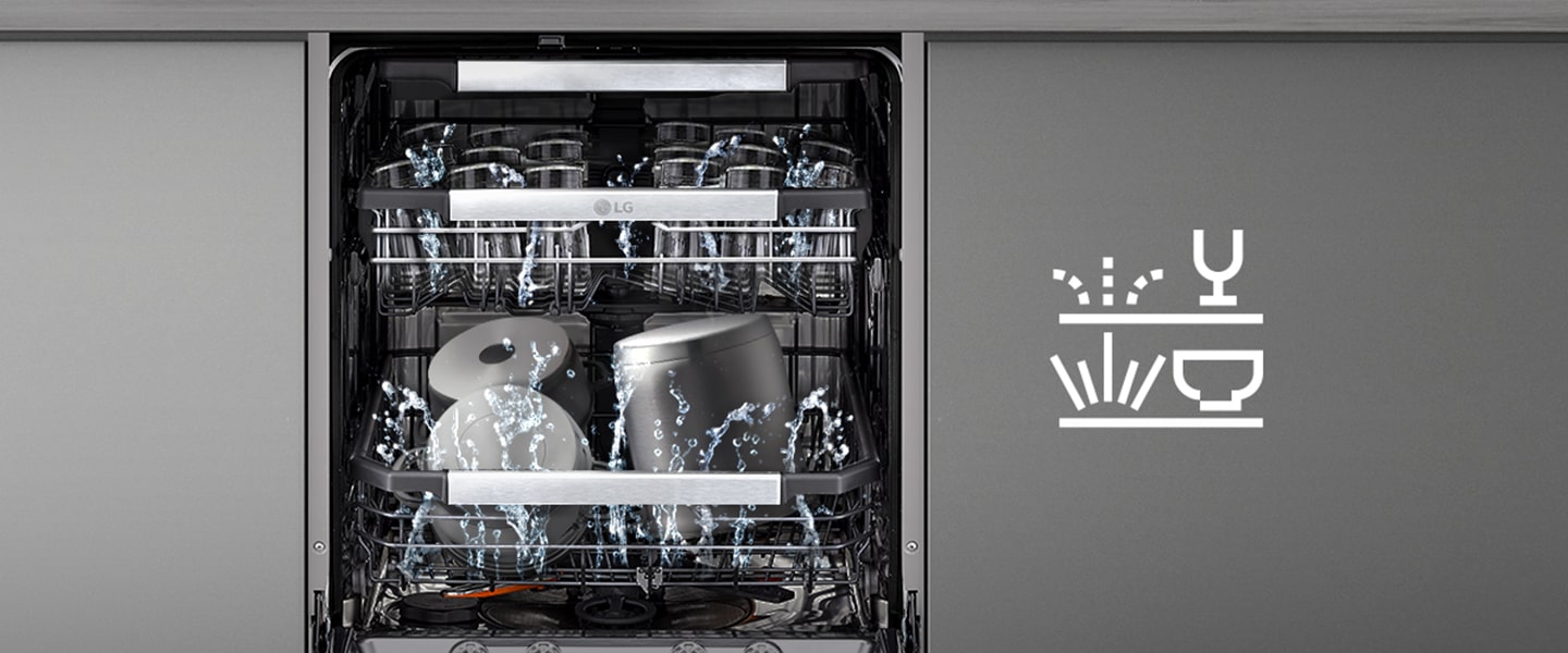 Geschirrspüler mit sanftem Waschen im oberen Korb und leistungsstarkem Waschen im unteren Korb.