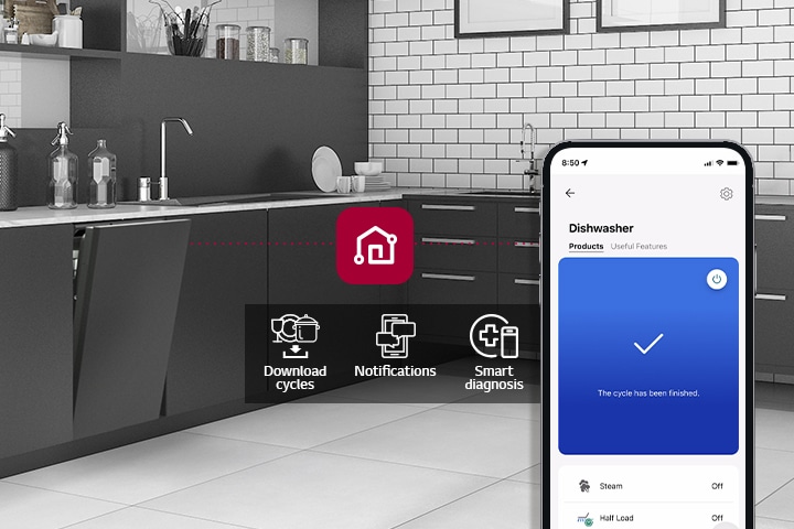 Modern kitchen with black cabinetry featuring a dishwasher, smartphone showing LG app with cycle status.