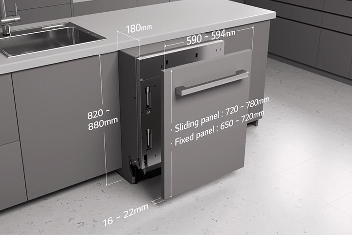 Footage of dimensions of dishwasher and installation area.