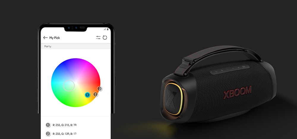 Auf der linken Seite ist die Benutzeroberfläche „My Style“ zu sehen. Auf der rechten Seite steht der LG XBOOM Go DXG8T mit gelber Beleuchtung auf dem Boden.