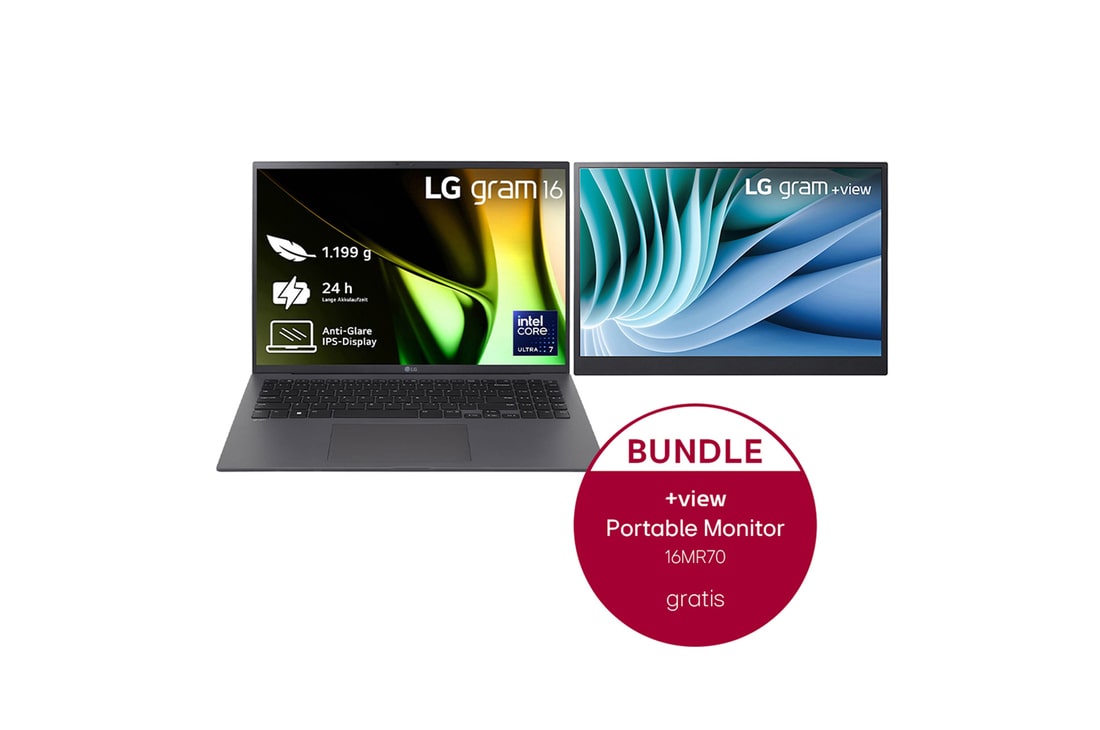 LG 1​6 Zoll Notebook mit Windows 11 Home​ |​ Intel® Core™ Ultra​7 Prozessor​ |​ 32 LPDDR5X​ RAM | ​2 TB SSD​ |​ 16Z90S-G.AD7CG + 16 Zoll +view für LG gram Portable Monitor mit USB Typ-C™ und 45 W Power Delivery, 16Z90SAD7CG.16MR70