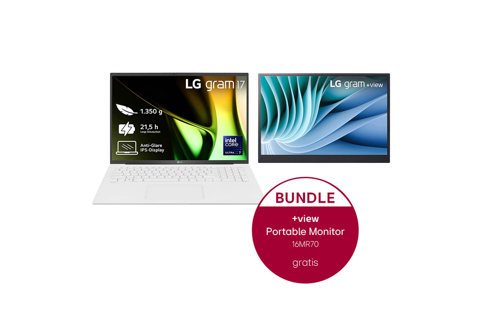 LG 17 Zoll Notebook mit Windows 11 Home | Intel® Core™ Ultra7 Prozessor | 16 LPDDR5X RAM | 1TB SSD | 17Z90S-G.AA77G + 16 Zoll +view für LG gram Portable Monitor mit USB Typ-C™ und 45 W Power Delivery, 17Z90SAA77G.16MR70