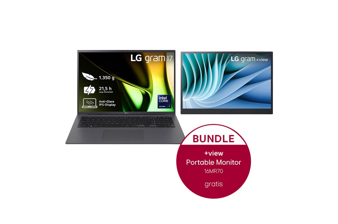 LG 17 Zoll Notebook mit Windows 11 Home | Intel® Core™ Ultra7 Prozessor |  32 LPDDR5X RAM | 2TB SSD | 17Z90S-G.AD7CG + 16 Zoll +view für LG gram Portable Monitor mit USB Typ-C™ und 45 W Power Delivery, 17Z90SAD7CG.16MR70