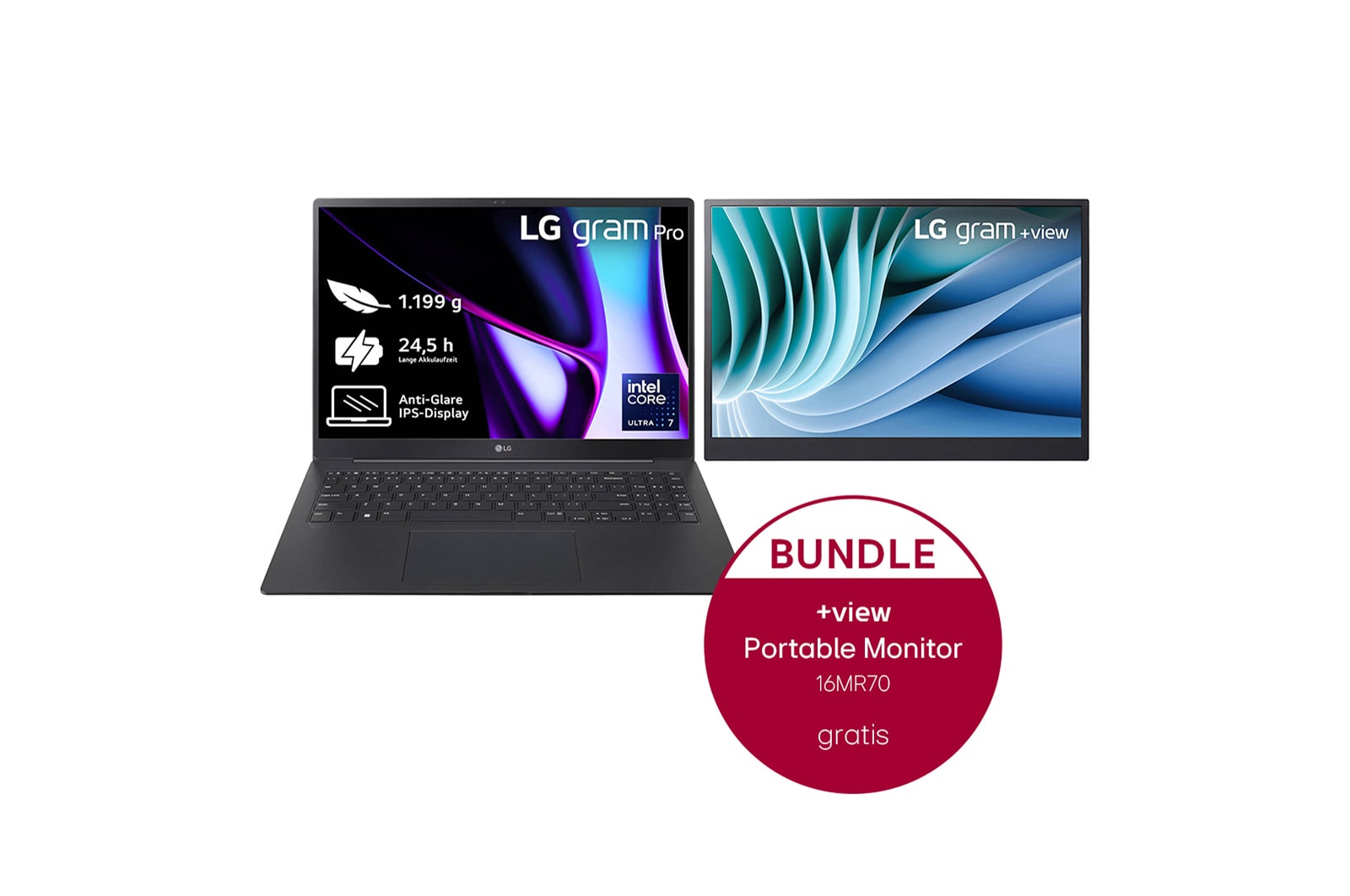 LG 17 Zoll Notebook mit Windows 11 Home | Intel® Core™ Ultra 7 Prozessor | 16 GB LPDDR5x RAM | 1 TB SSD | 77-WH-Akku | 17Z90SP-G.AA78G + 16 Zoll +view für LG gram Portable Monitor mit USB Typ-C™ und 45 W Power Delivery, 17Z90SP78G.16MR70