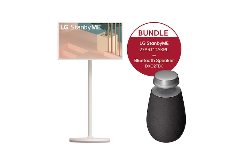 Vorderseite von LG StanbyME + LG XBOOM 360 DXO2T Bluetooth Speaker 27ART10AKPL.DXO2TBK