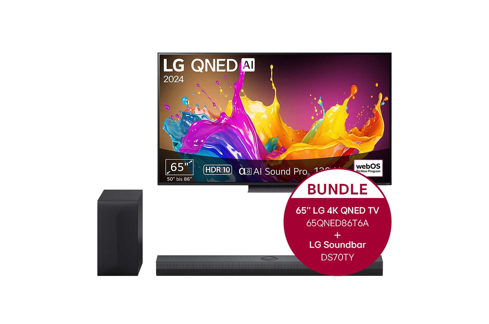 LG 65 Zoll LG QNED86 4K Smart TV + 3.1.1 Kanal LG TV Soundbar DS70TY mit Dolby Atmos , 65QNED86T6A.DS70TY