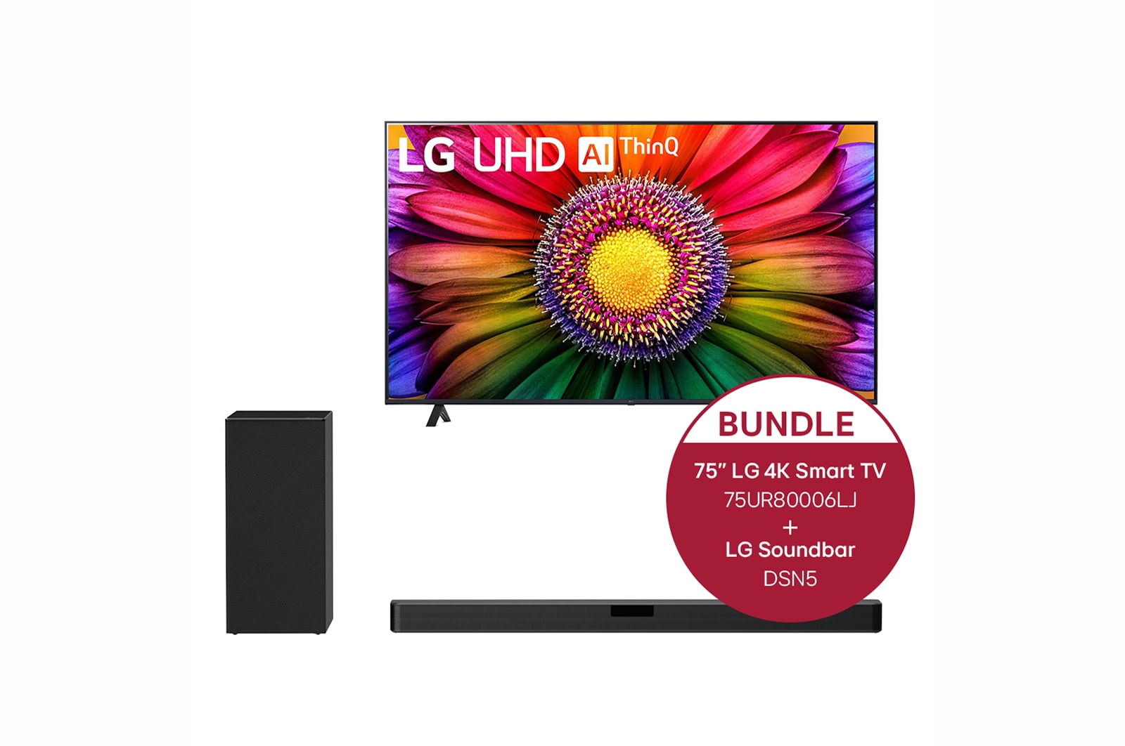 LG 75 Zoll LG 4K Smart UHD TV UR80 + 2.1 Soundbar mit 400 Watt , 75UR80006LJ.DSN5