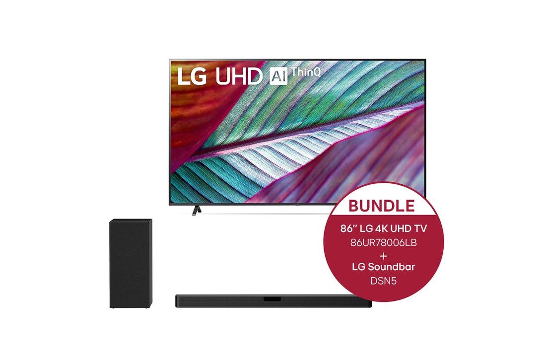 LG 86 Zoll LG 4K Smart UHD TV UR78 + 2.1 Soundbar mit 400 Watt | kabelloser Subwoofer, 86UR78006LB.DSN5