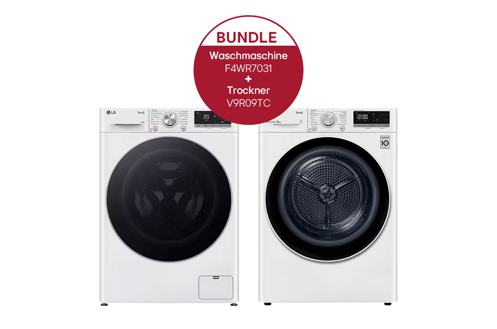 LG Waschmaschine (13 kg, 1.400 U./Min., EEK A) mit silber Bullaugenring + Trockner Weiß (A+++, 9 kg) mit Dual Inverter Wärmepumpentechnologie , F4WR7031.V9R09TC
