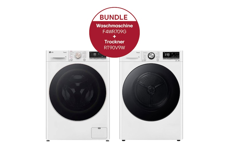 LG Waschmaschine Weiß (9 kg, 1.360 U./Min., EEK A) mit AI DD® + Trockner Weiß (9 kg, EEK A+++) mit Dual Inverter Wärmepumpentechnologie, F4WR709G.RT90V9W