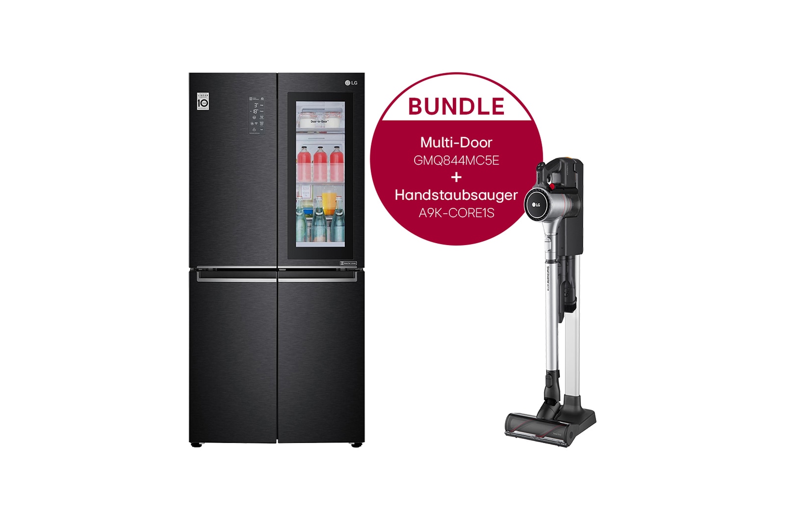 LG Multi-Door Kühlschrank mit InstaView Door-in-Door® (E, 530L,178,7cm hoch) und Handstaubsauger Fantasy Silver im Set | GMQ844MC5E.CORE1S, GMQ844MC5E.CORE1S
