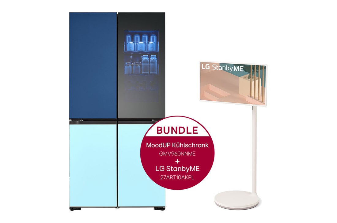 LG InstaView MoodUP®️ Multi-Door Kühlschrank (EEK E, 617L, 186,5cm hoch) und LG StanbyME im Set | GMV960NNME.27ART10, GMV960NNME.27ART10