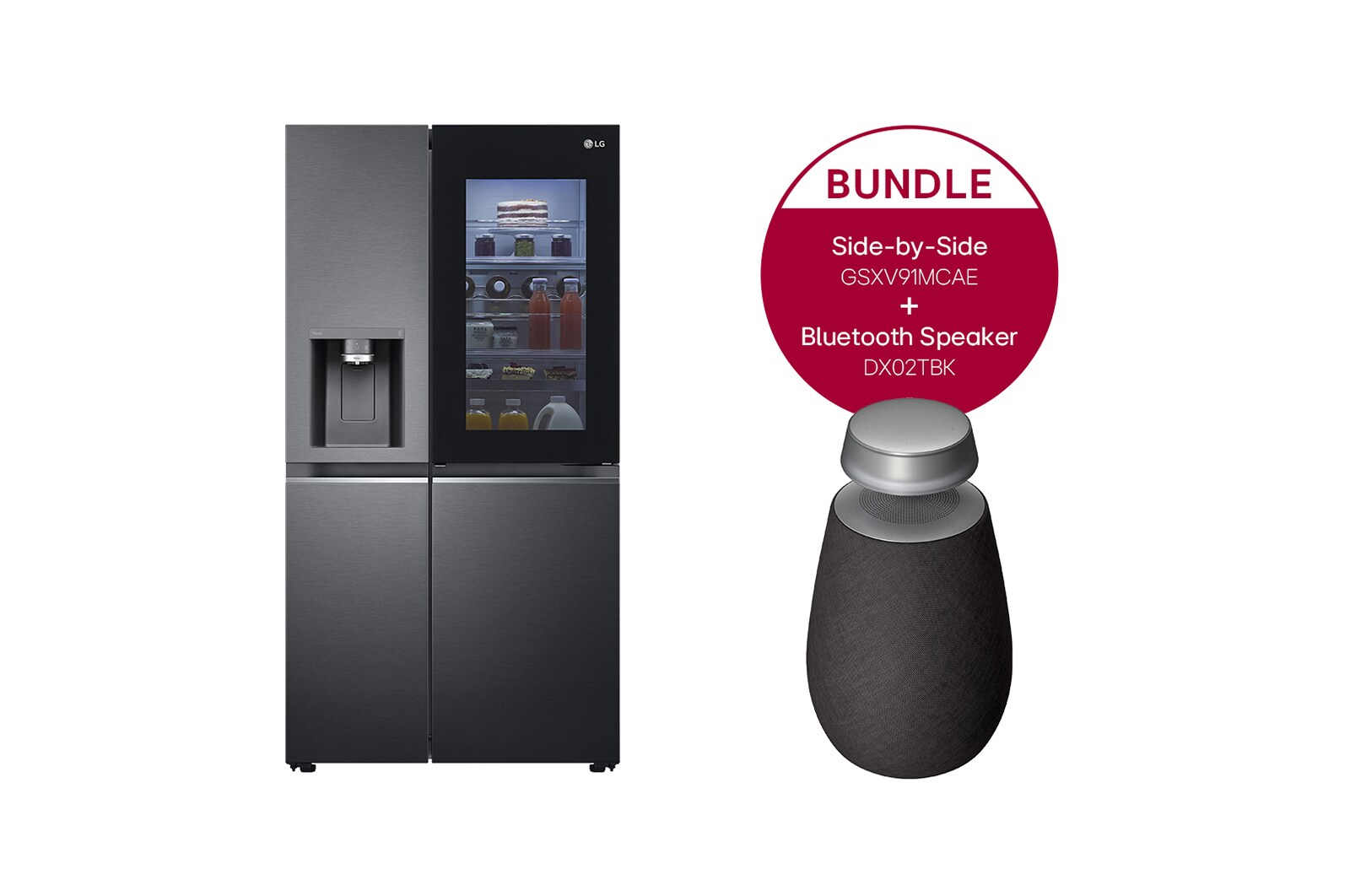 Vorderseite von Side-by-Side Kühlschrank mit InstaView Door-in-Door® (EEK E, 635L, 179cm hoch) mit Eis-, Crushed Ice- und Wasserspender & internem Wassertank | GSXV91MCAE + LG XBOOM 360 GSXV91MCAE.DXO2TBK