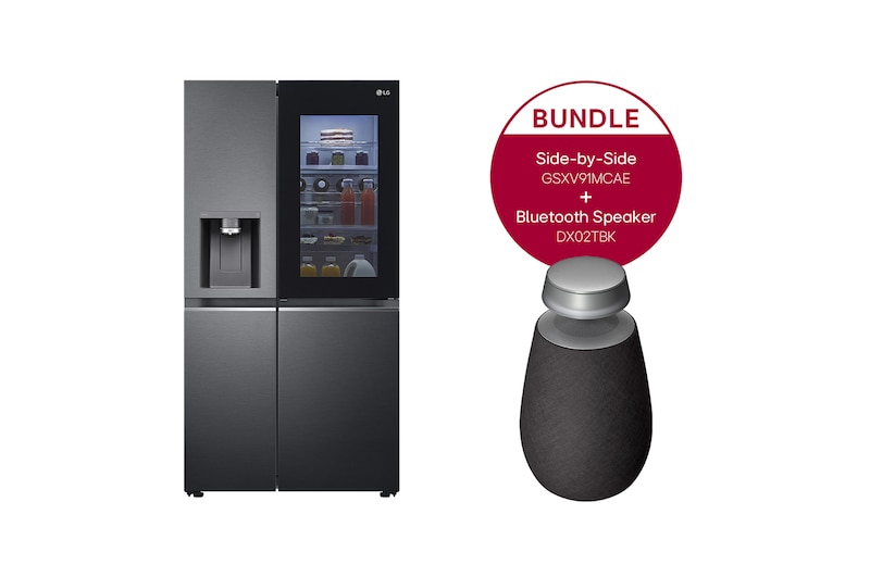 Vorderseite von Side-by-Side Kühlschrank mit InstaView Door-in-Door® (EEK E, 635L, 179cm hoch) mit Eis-, Crushed Ice- und Wasserspender & internem Wassertank | GSXV91MCAE + LG XBOOM 360 GSXV91MCAE.DXO2TBK