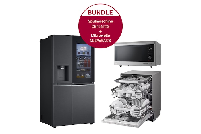 LG Side-by-Side Kühlschrank mit InstaView Door-in-Door® (E, 635L, 179cm hoch) mit Eis-, Crushed Ice- und Wasserspender & Festwasseranschluss | GSXV90MCAE + DB476TXS + MJ3965ACS, GSXV90MCAE.DB47MJ3014