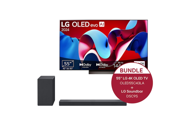 LG 55 Zoll LG OLED evo C4 4k Smart TV + 3.1.3 Dolby Atmos® Soundbar mit 400 Watt, OLED55C43LA.DSC9S