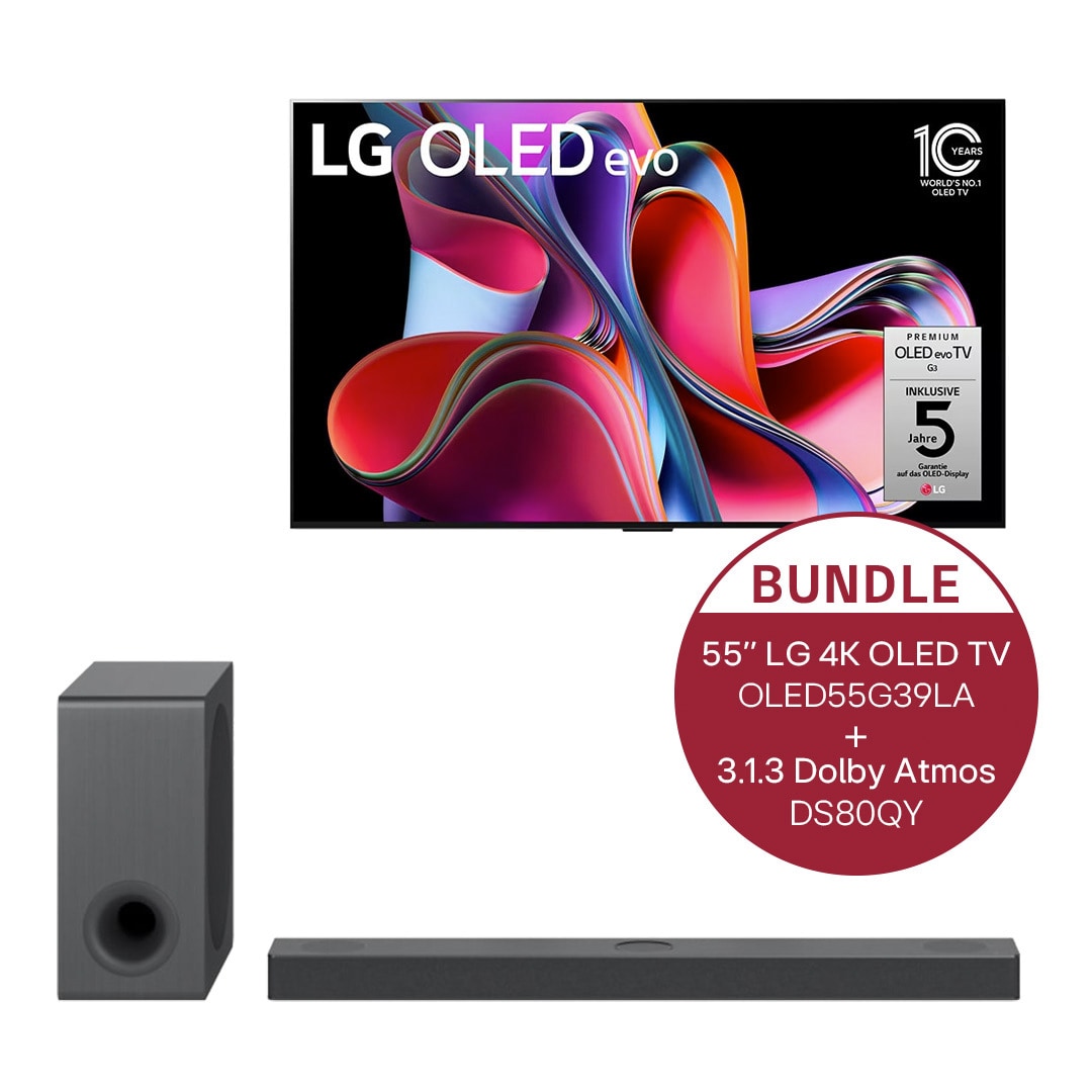 LG 55" LG 4K OLED evo TV G3 & 3.1.3 Dolby Atmos® Soundbar mit 480 Watt | kabelloser Subwoofer, OLED55G39LA.DS80QY