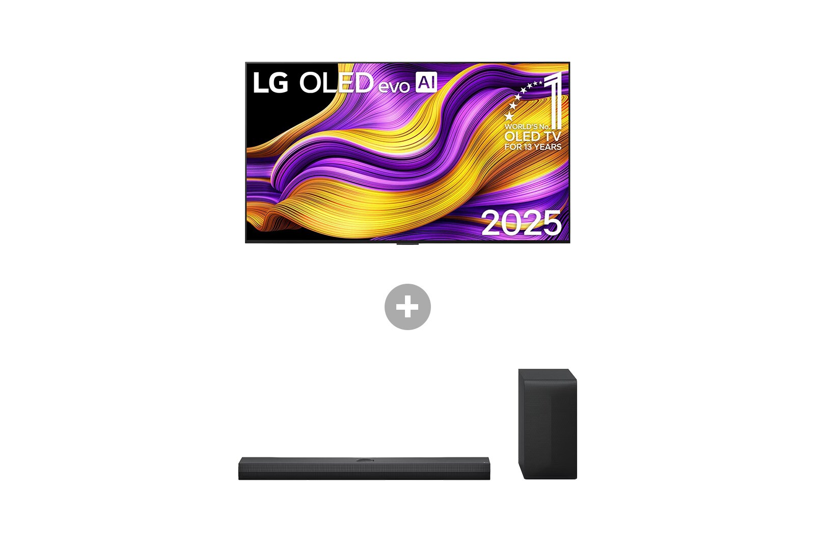 Vorderseite von 55 Zoll LG OLED evo AI G5 4K Smart TV + 3.1.1 Kanal LG TV Soundbar DS70TY mit Dolby Atmos OLED55G57LW.DS70001