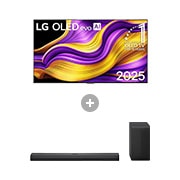 Vorderseite von 55 Zoll LG OLED evo AI G5 4K Smart TV + 3.1.1 Kanal LG TV Soundbar DS70TY mit Dolby Atmos OLED55G57LW.DS70001