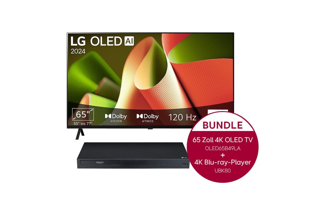 LG 65 Zoll LG OLED B4 4K Smart TV + 4K Blu-ray-Player mit Dolby Atmos®, OLED65B49LA.UBK80