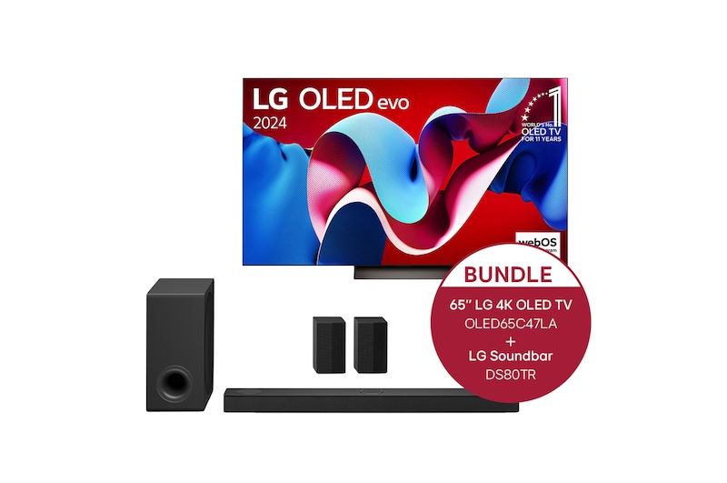 LG 65 Zoll LG OLED evo C4 4K Smart TV + 5.1.3 Dolby Atmos Soundbar mit 580 Watt, OLED65C47LA.DS80TR
