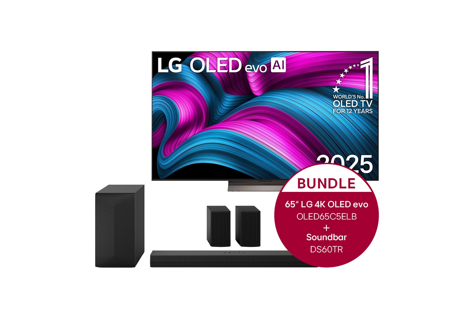 LG 65 Zoll LG OLED evo AI C5E 4K Smart TV 2025 + 5.1-Kanal LG Home Theater Soundbar DS60TR mit Surround-Sound und hinteren Lautsprechern, OLED65C5ELB.DS60TR