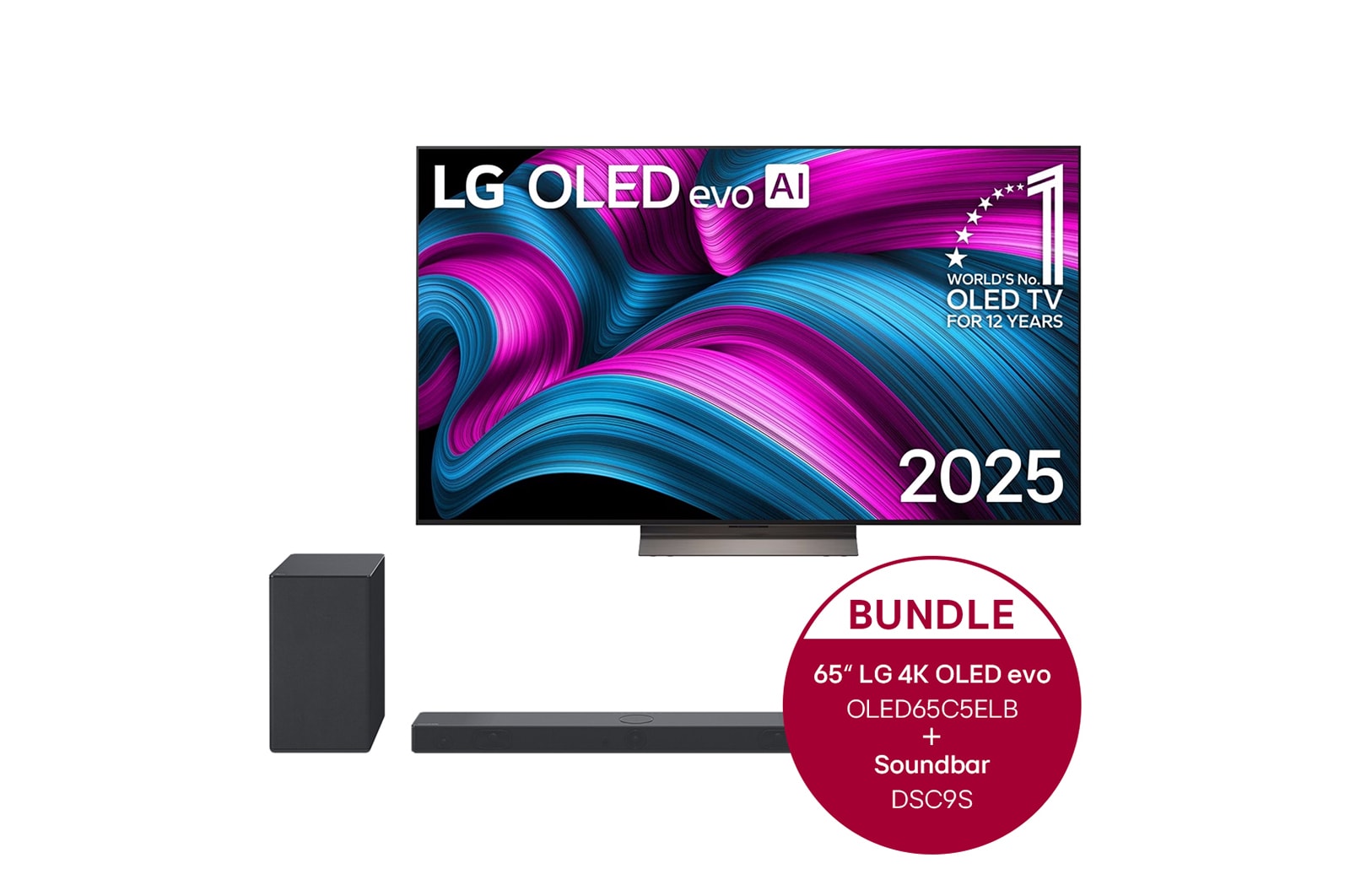 LG 65 Zoll LG OLED evo AI C5E 4K Smart TV  + 3.1.3 Dolby Atmos® Soundbar mit 400 Watt | kabelloser Subwoofer, OLED65C5ELB.DSC9S