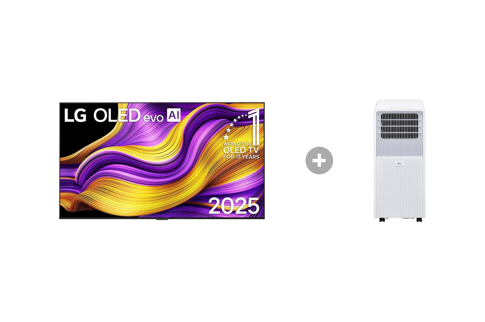 Vorderseite von 65 Zoll LG OLED evo AI G5 4K Smart TV + Mobile Klimaanlage (9000 BTU) OLED65G57LW.TF09001