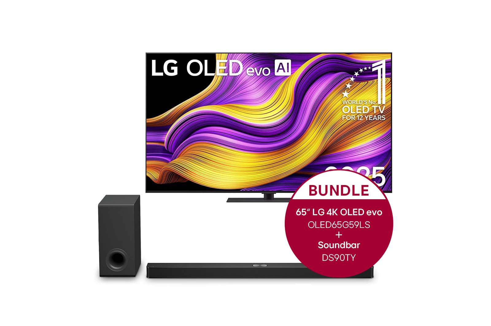 Vorderseite von 65 Zoll LG OLED evo AI G5 4K Smart TV + 5.1.3 Kanal LG TV Soundbar DS90TY mit Dolby Atmo OLED65G59LS.DS90TY