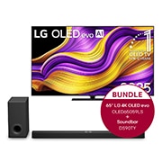 Vorderseite von 65 Zoll LG OLED evo AI G5 4K Smart TV + 5.1.3 Kanal LG TV Soundbar DS90TY mit Dolby Atmo OLED65G59LS.DS90TY
