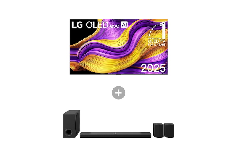 Vorderseite von 77 Zoll LG OLED evo AI G5 4K Smart TV + 9.1.5-Kanal LG Home Theater Soundbar DS9ATR mit Surround-Sound und Rücklautsprechern OLED77G57LW.DS95001