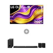 Vorderseite von 77 Zoll LG OLED evo AI G5 4K Smart TV + 9.1.5-Kanal LG Home Theater Soundbar DS9ATR mit Surround-Sound und Rücklautsprechern OLED77G57LW.DS95001